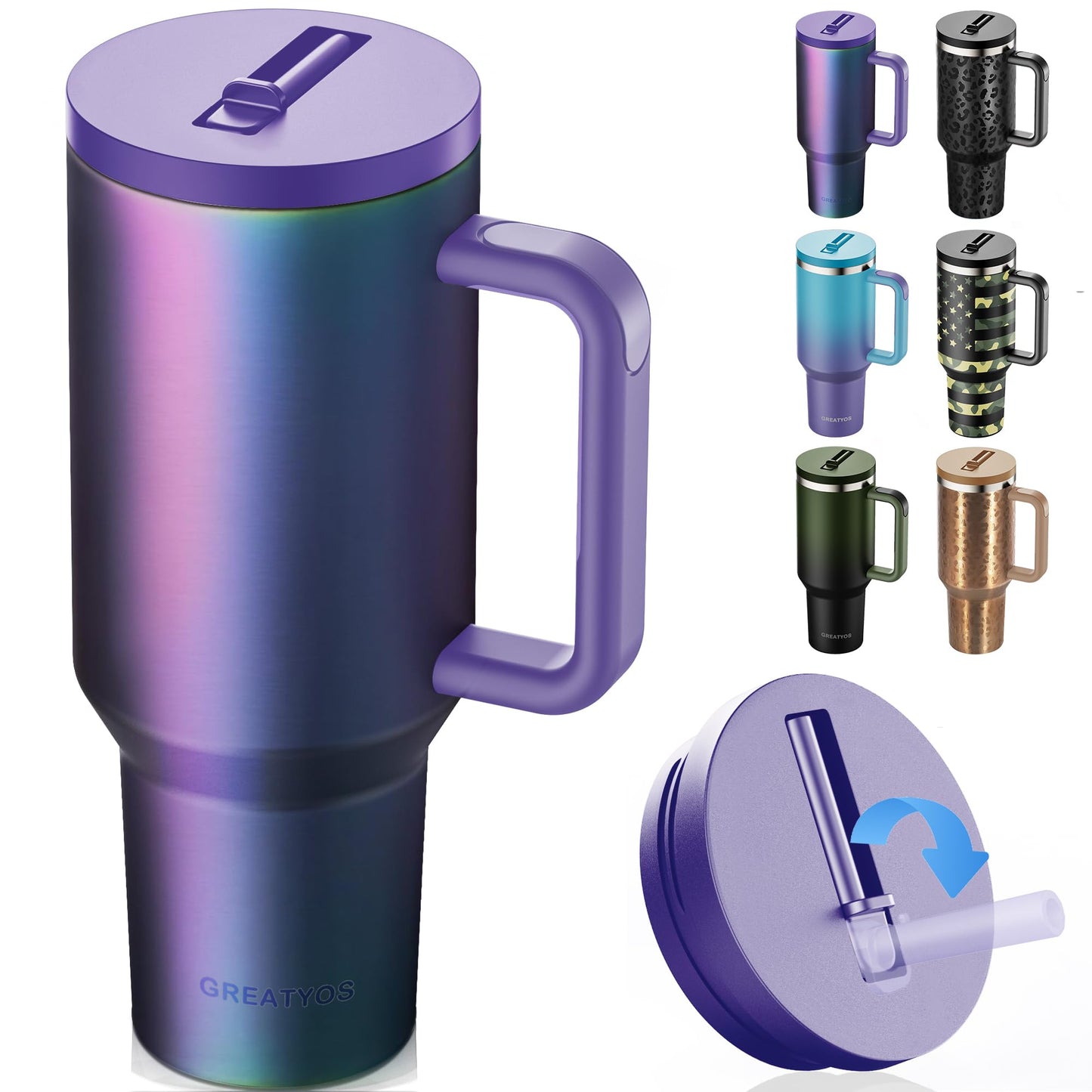 Greatyos 40 oz Tumbler with Handle and Flip Straw Lid - Upgraded Insulated Traveler Tumblers with Lids Straws Vacuum Leak Proof Stainless Steel 40oz Cup Mug Gifts for Men Women Him Her (Aurora)