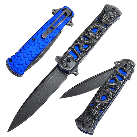 NICDUFHY Pocket Knife With Clip All Metal Dragon Folding Knife with Liner Lock Tactical EDC Knives for Outdoor Camping Hunting Hiking Gifts for Men Father Husband (Blue)