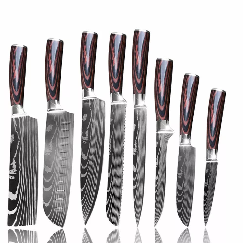 Epicurean Cook Majesty Series 8-Piece Premium Japanese Kitchen Knife Set - Ultra Sharp Laser Damascus Pattern - Professional Chef Hibachi Knives - Juego de Cuchillos para Cocina Profesional