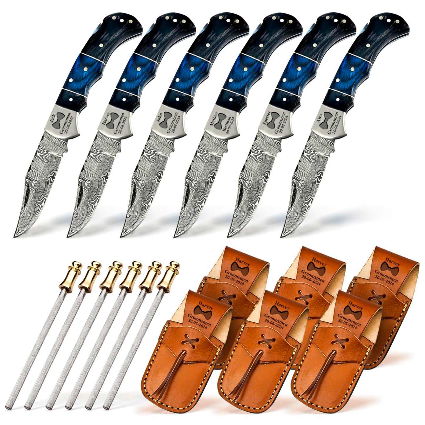 Set of 6 - Personalized Damascus Pocket Knife for Groomsmen -With Leather Sheaths - Custom Engraved Pocket Knives | Groomsman Gifts for Wedding Groomsmen Proposal Gifts