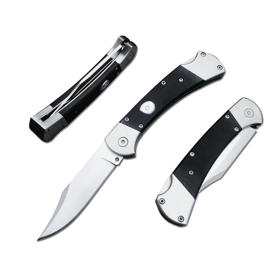 push button assisted opening Folding Knife440C Stainless Steel Blade Backlock G10 Handle with Leather Sheath EDC Pocket Knives for Men (Black)