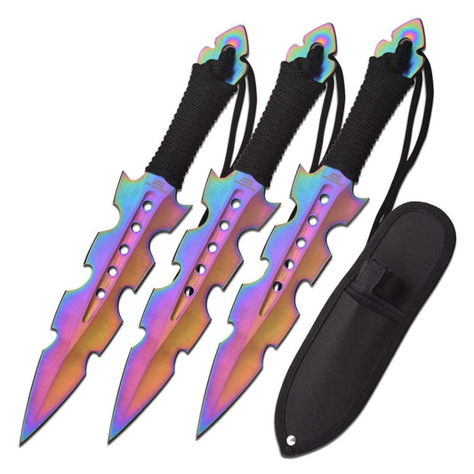Perfect Point Throwing Knife Set – Set of 3 Throwers Rainbow TiNite Coated Stainless Steel Blades w/ Black Cord Wrapped Handles Nylon Sheath Well Balanced Throwing Sport Knives – PP-110-3RB