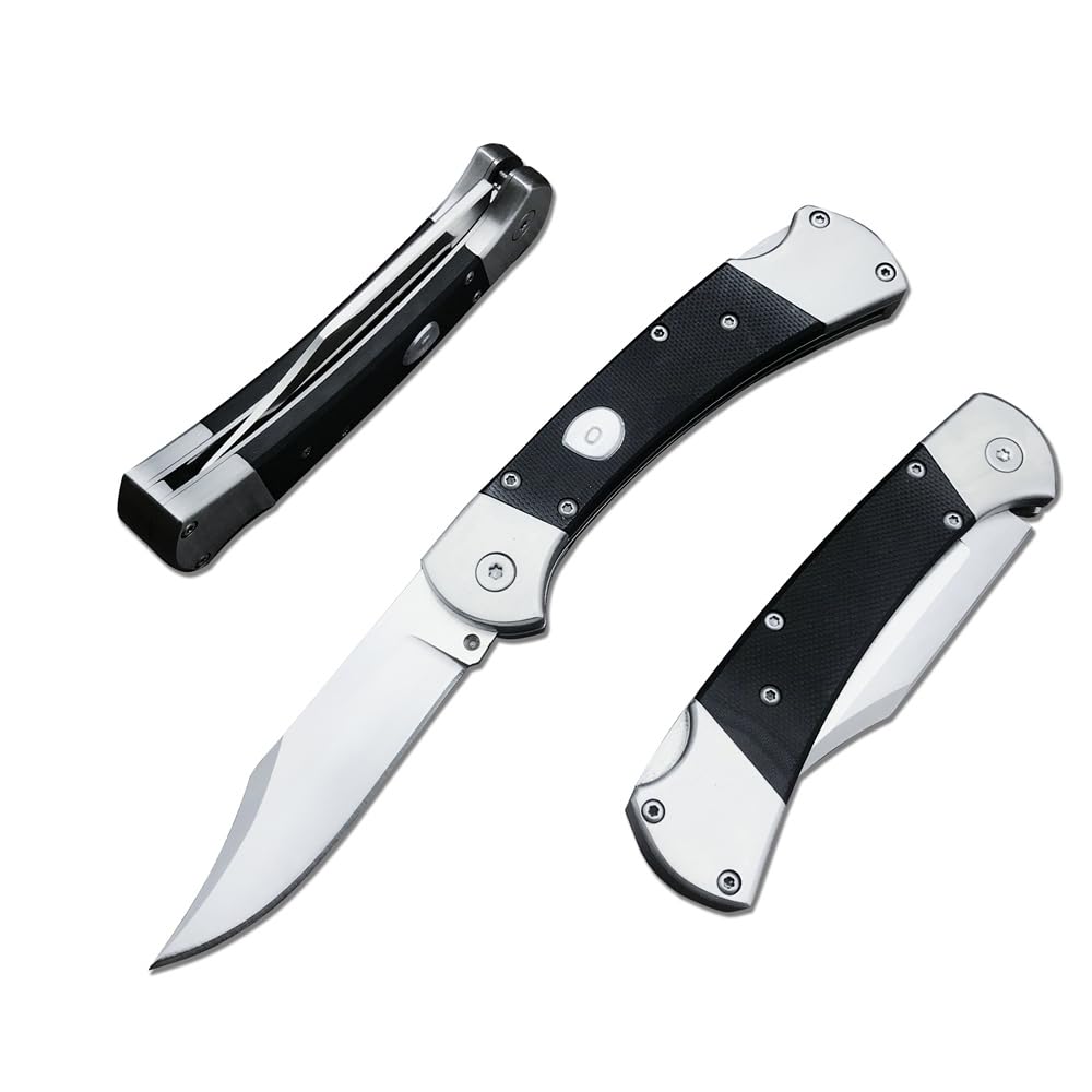 push button assisted opening Folding Knife440C Stainless Steel Blade Backlock G10 Handle with Leather Sheath EDC Pocket Knives for Men (Black)