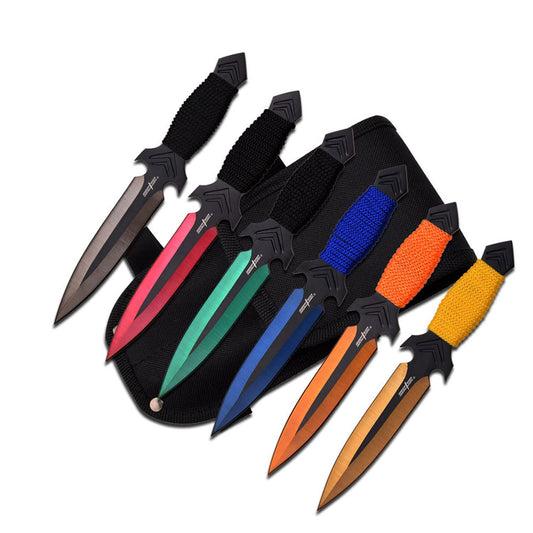 Perfect Point PP-081-6M Throwing Knife Set with Six Knives Multicolored Blades Cord-Wrapped Handles 6.5-Inch Overall