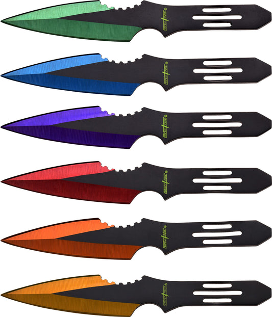 Perfect Point Throwing Knife Set – Set of 6 Throwers Black Stainless Steel Blades and Handles with Assorted Colored Grinding Lines and Nylon Sheath Well Balanced Sport Knives – PP-595-6MC