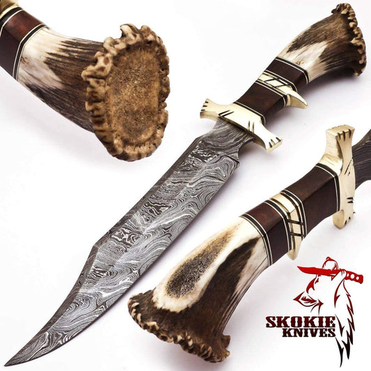 Skokie Knives Damascus Steel hunting Knife Stag Antler Handle with Burl Wood & Brass Guard –15” Handmade Premium Quality Sharp Edge Fix Blade - Genuine Multipurpose Knife – Ideal for Hunting Camping