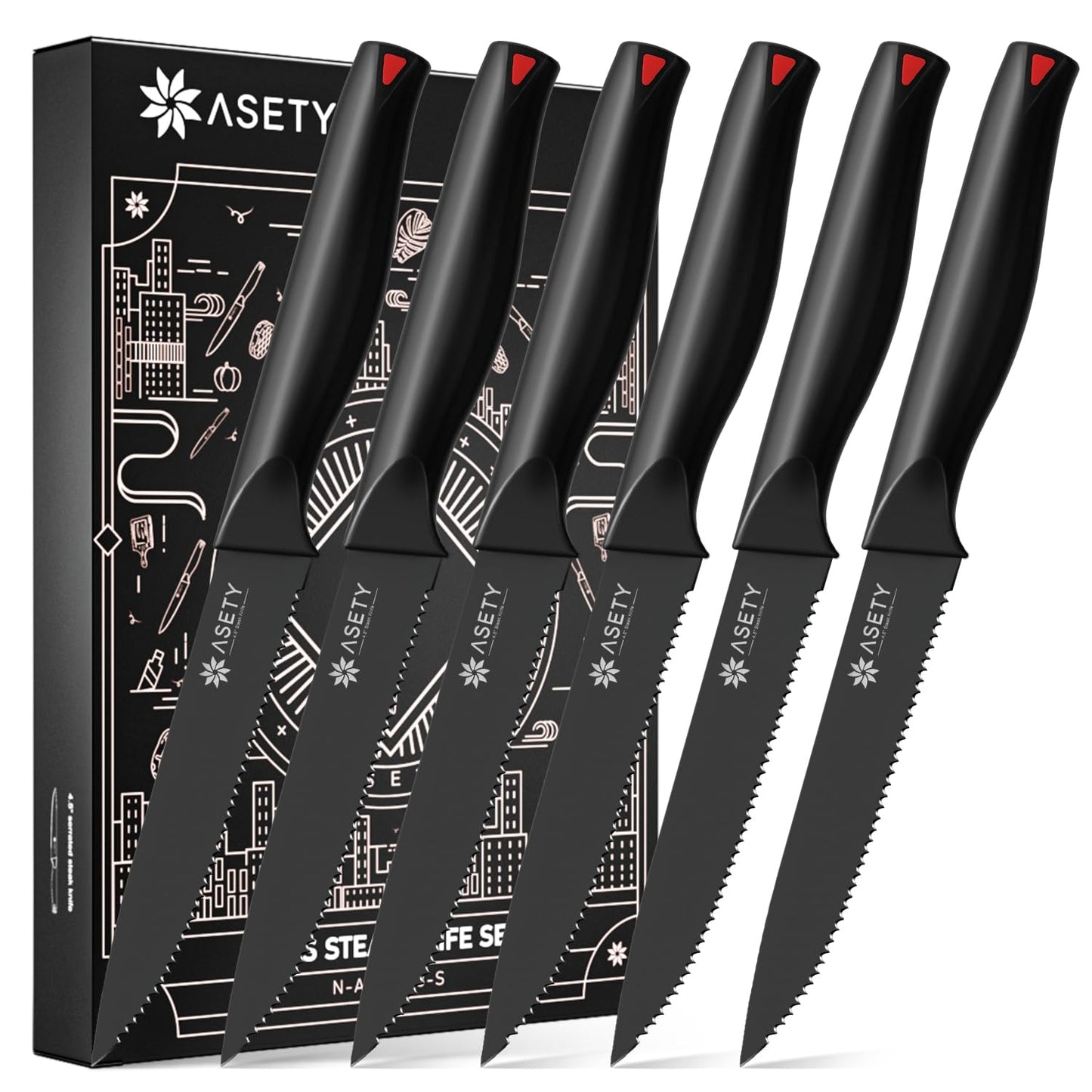 ASETY Steak Knives Set of 6 Serrated Steak KnivesDishwasher SafeHigh-Carbon Stainless Steel Steak Knife Sets with Elegant BoxBlack