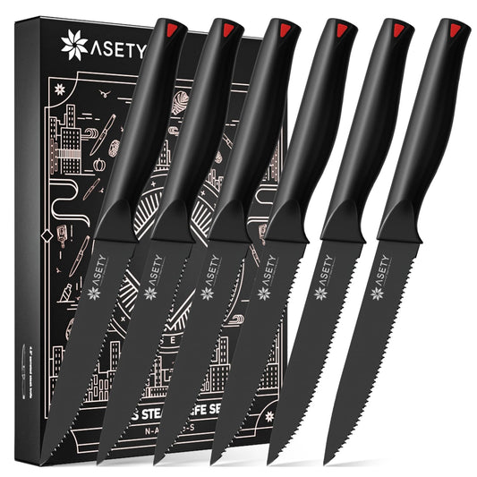 ASETY Steak Knives Set of 6 Serrated Steak KnivesDishwasher SafeHigh-Carbon Stainless Steel Steak Knife Sets with Elegant BoxBlack