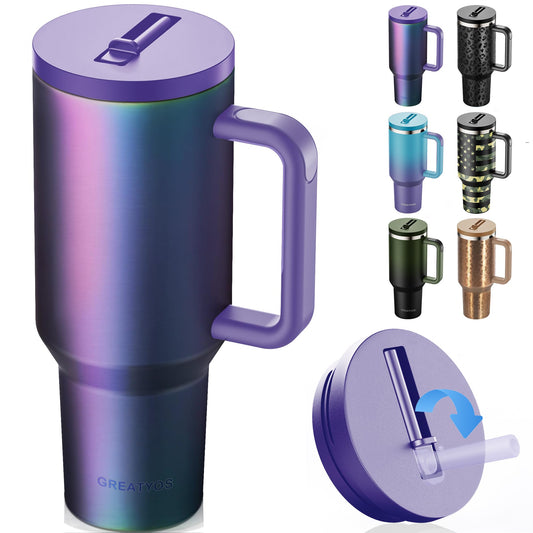Greatyos 40 oz Tumbler with Handle and Flip Straw Lid - Upgraded Insulated Traveler Tumblers with Lids Straws Vacuum Leak Proof Stainless Steel 40oz Cup Mug Gifts for Men Women Him Her (Aurora)