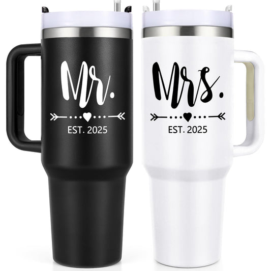 Qtencas Mr and Mrs Gifts Mr and Mrs EST 2025 Stainless Steel Travel Tumblers Set Engagement Wedding Gifts 40 oz 2025 Travel Mug for Couples Newlyweds Bridal Shower Anniversary Cups（Black & White）