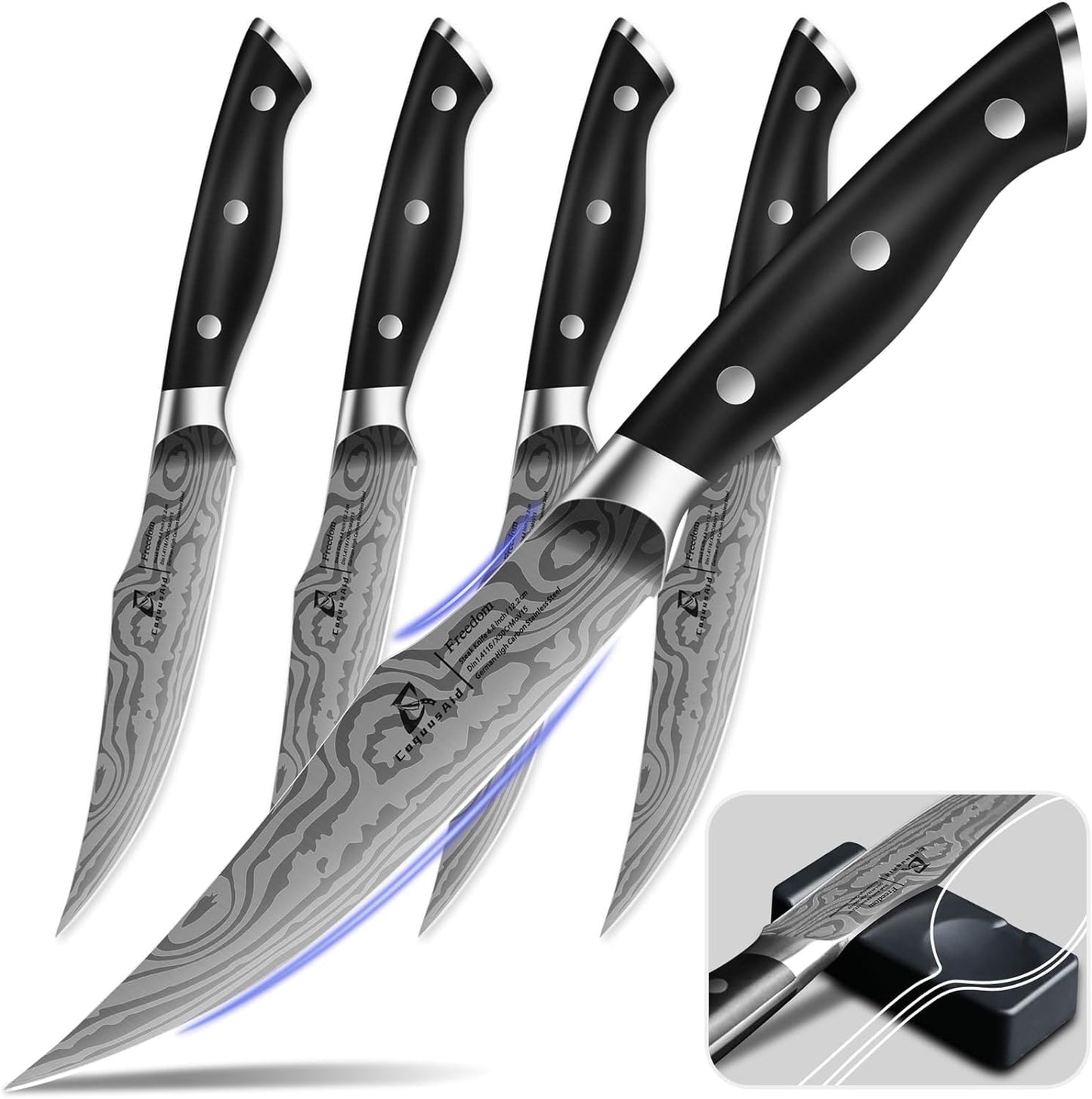 Steak Knives Set of 4 CoquusAid 4.8 Inch Fine-Edge Super Sharp Table Knives With Rest Premium Germany Stainless Steel Damascus Pattern Ergonomic Handle Dishwasher Safe Elegant Black Ideal for Gift