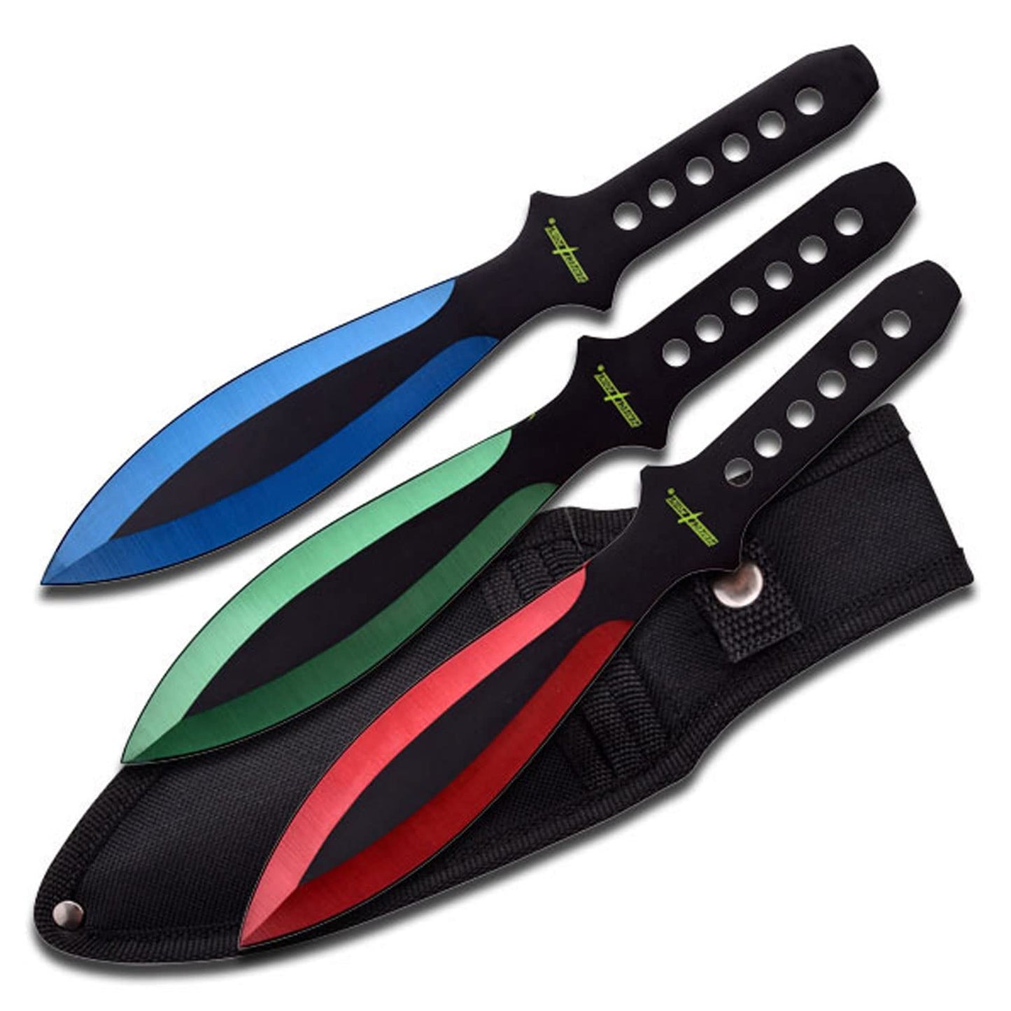 Perfect Point Throwing Knife Set – Set of 3 Throwers Black Stainless Steel Blades and Handles w/Red Green and Blue Grinding Lines Nylon Sheath Well Balanced Throwing Sport Knives – PP-114-3RGB