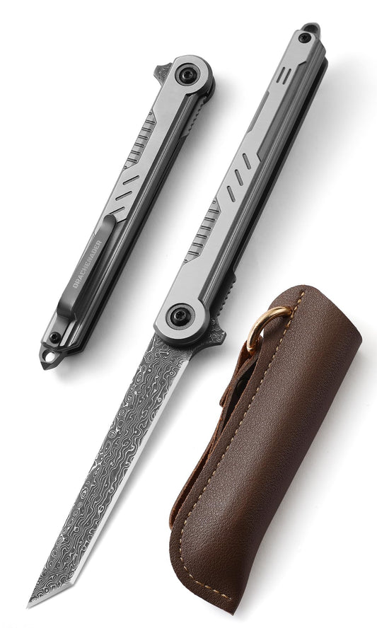DRACHENADER Tanto Damascus pocket Knife Cool Knives for Men Handmade Damascus Tanto Folding Pocket Knife for Women Slim Gentlemans Pocket Flip Knives Tactical Small EDC Knife as Gift and Tool