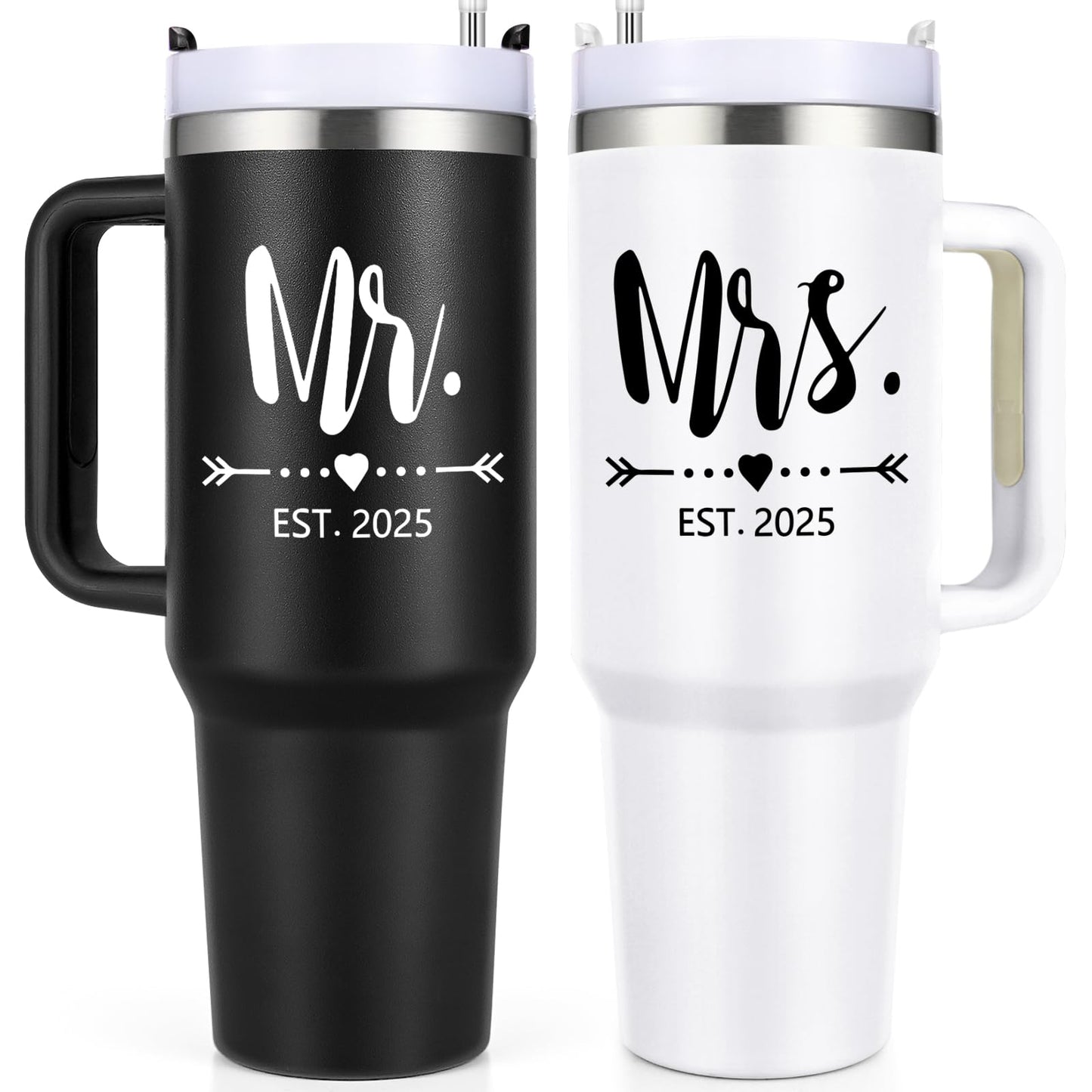 Qtencas Mr and Mrs Gifts Mr and Mrs EST 2025 Stainless Steel Travel Tumblers Set Engagement Wedding Gifts 40 oz 2025 Travel Mug for Couples Newlyweds Bridal Shower Anniversary Cups（Black & White）